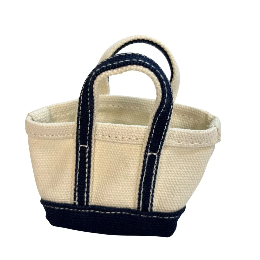 Lands End Mini Canvas Tote Bag Keychain Cream Navy Blue Boat and Tote Accessory